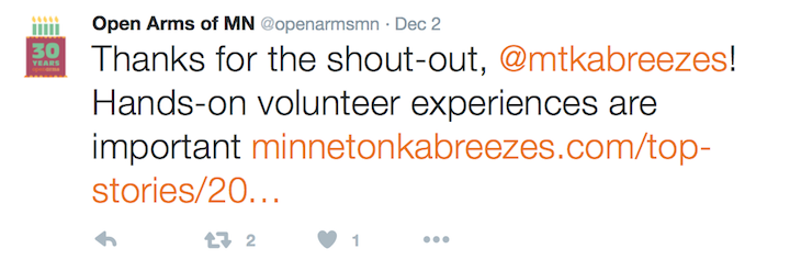 Open Arms of Minnesota appreciates Breezes effort to encourage hands-on volunteering via Twitter. 