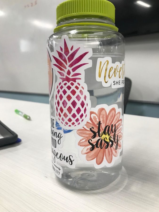 Wieses favorite sticker on her water bottle is a large, pink pineapple. 