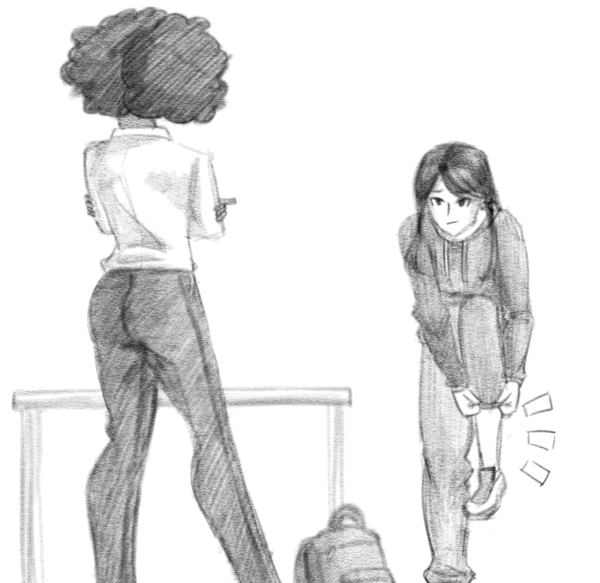 A stern teacher watches a student cautiously remove their shoes during a vape check | Art by Simran Kaur