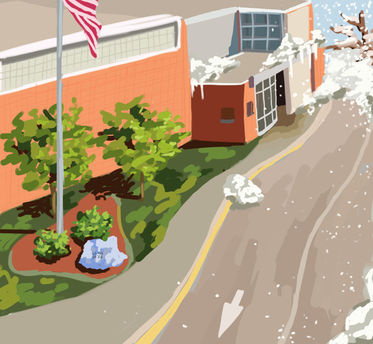 Drawing of Minnetonka High School in March experiencing both winter and spring. | Art by Lauren Wentzien