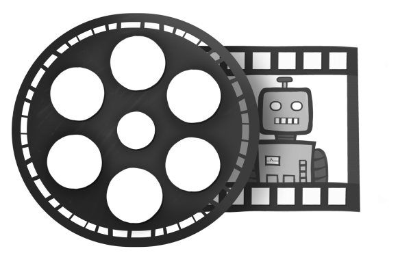 Drawing of a film reel with a robot on the film. The robot blankly stares at the viewer | Art by Sophia Zhang