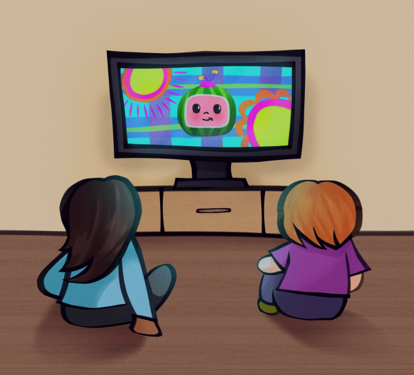 Two children sit in front of a TV watching Cocomelon. They seem to be completely focused on the dancing watermelon. | Art by Sophia Zhang