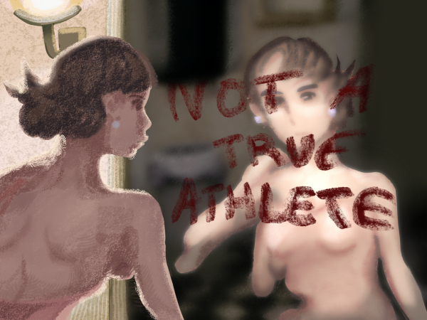Drawing of a dancer face to face with her reflection in wall mirror which is obscured by red lettering that says "Not a true athlete" | Art by Gabriel Mene